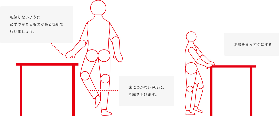 「転倒しないように必ずつかまるものがある場所で行いましょう。」「床につかない程度に、片脚を上げます。」