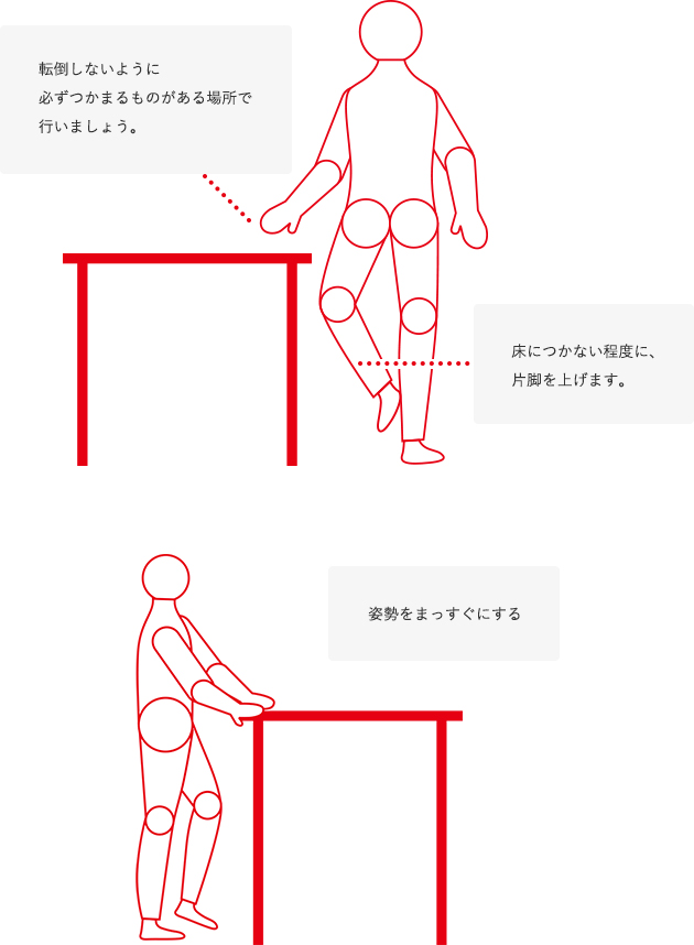 「転倒しないように必ずつかまるものがある場所で行いましょう。」「床につかない程度に、片脚を上げます。」